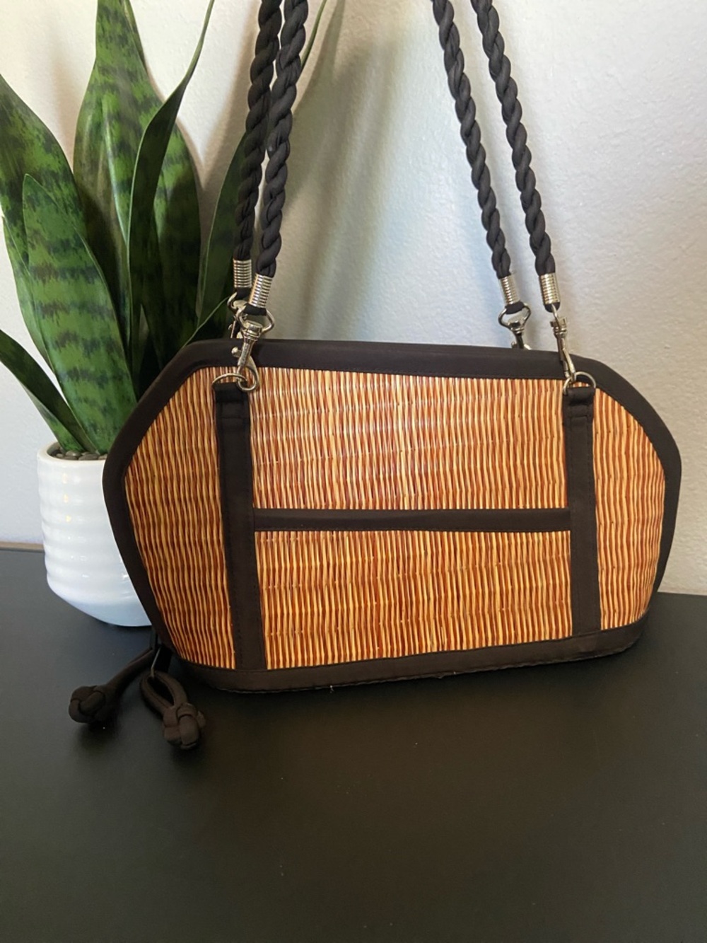 Baskets of Cambodia Shoulder Bag in Tan & Black Trim